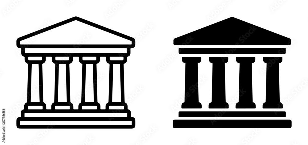 Fototapeta premium Classical Architecture Icons: Government Building and Bank Facade Vector Graphics, Outline and Solid Fill Styles
