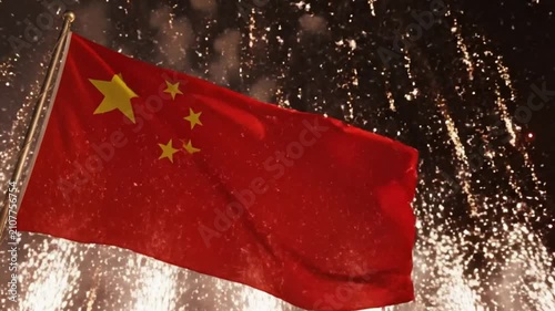 National Flag of China Waving Against Festive Fireworks at Night