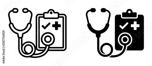 Medical Stethoscope and Clipboard Icons, Healthcare Checkup Symbols, Doctor's Tools, Diagnostic Symbols, Vector Graphics for Health Services