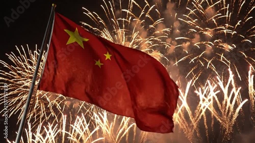 Chinese Flag Waving with Fireworks Display in the Night Sky