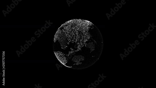 Abstract 4K motion graphics featuring a rotating world globe built from glowing dots with a wireframe grid and subtle particle animation. Ideal for global business, technology, communications, network