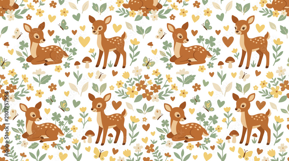 Fototapeta premium Cute Deer and Floral Pattern