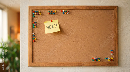 Cork bulletin board with a yellow sticky note saying help and colorful push pins
