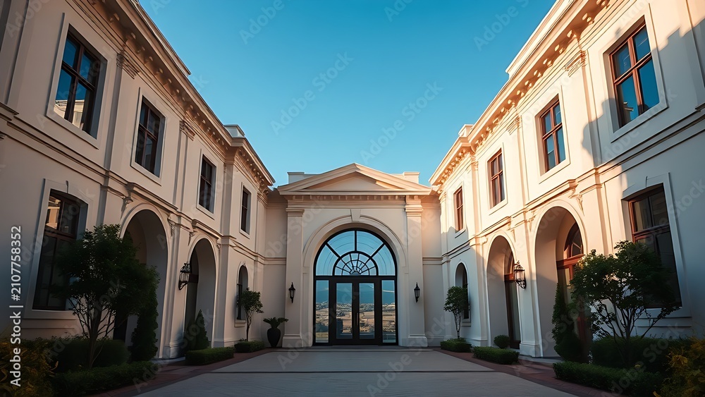 Fototapeta premium Grand entrance of an opulent home with elegant architecture under a clear blue sky.