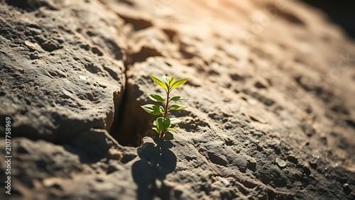 A small resilient plant growing from a crack in a large rock, symbolizing perseverance.