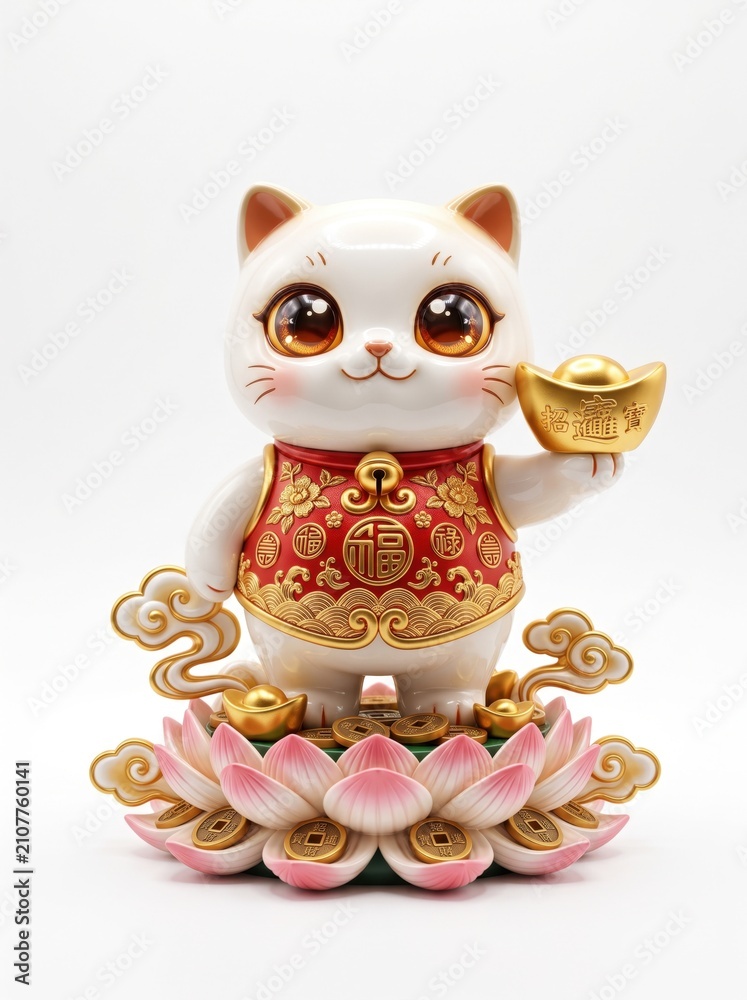 Fototapeta premium A luxury oriental Qilin mascot with chibi proportions and oversized glossy eyes features elegant red and gold scales while standing on lotus flowers with coins