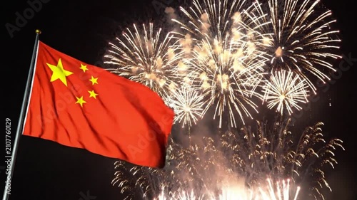 National Flag of China Waving During Fireworks Celebration