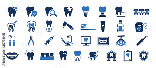 Canvastavla Comprehensive dental care and orthodontics icon set.