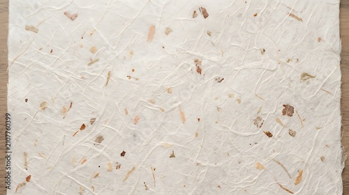 Off-white fibrous handmade paper texture with organic botanical flecks, handmade