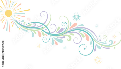 Radiant cartoon sun illustration with colorful swirling rays and whimsical spiral patterns on a white background.