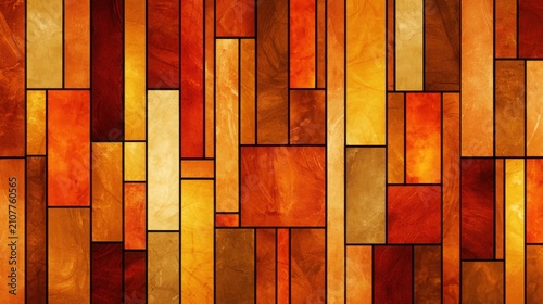 Warm stained glass background composed of amber, burnt orange, terracotta and golden panels resembling autumn leaves, glowing afternoon light, hyper