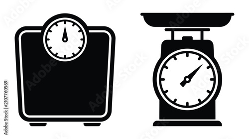 Fotografie Mechanical Scales Silhouette On White Background Two Views