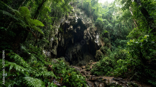 Large dark limestone cave entrance hidden in a lush tropical rainforest with hanging vines and dense green foliage