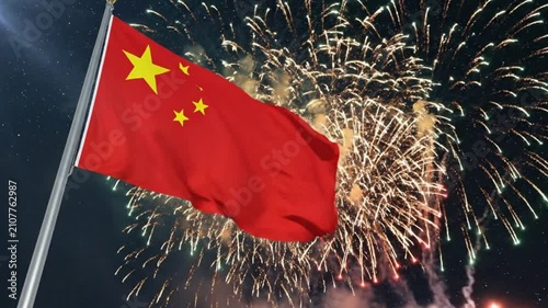 Chinese Flag Waving with Festive Fireworks Background at Night