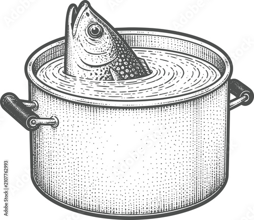 Εκτύπωση καμβά Vintage Fish Head in Cooking Pot Engraving Vector Illustration