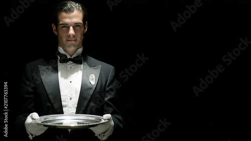Distinguished waiter in traditional uniform, black suit jacket with bow tie, clean white gloves, standing with serving tray in poised manner