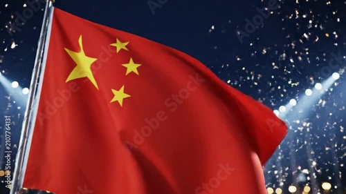 Chinese flag waving in stadium under bright lights with confetti