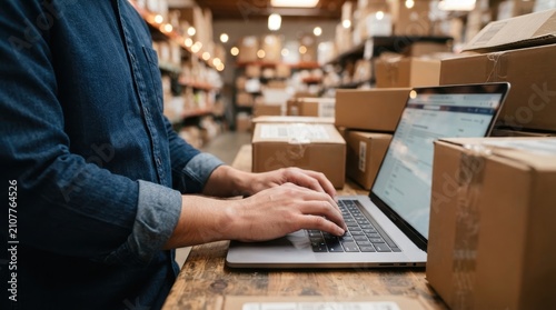 Person using a laptop in a busy warehouse fulfillment center. This reflects e-commerce order management and logistics.