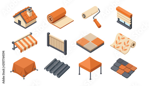 Flat design icons of construction and renovation materials.