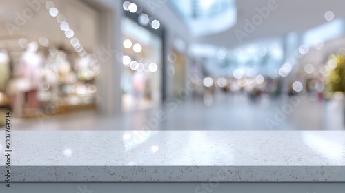 Empty glossy white countertop against soft focus retail store backdrop, glowing bokeh illumination, minimal clean banner composition for advertising products