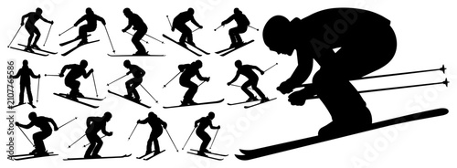 Downhill Skiing Men Silhouette Collection Set Vector Black Skier Winter Sports Isolated