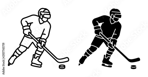 Canvas Print Hockey Player Silhouette and Outline Vector Icons, Ice Hockey Sport Action Graph