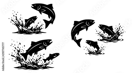 Jumping fish silhouette set. Vector illustration of salmon and trout leaping from water.