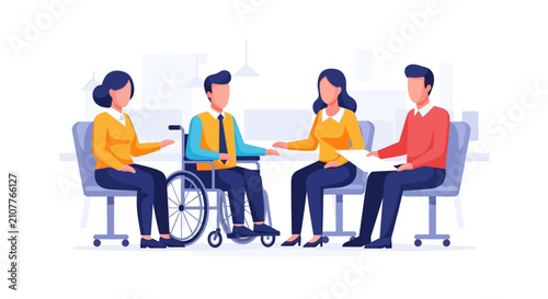 Diverse team meeting with wheelchair user.