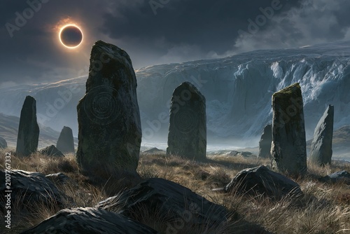 Monoliths stand in a grassy field under a dark sky during a total solar eclipse.