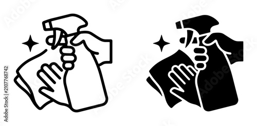 Konstfotografi Cleaning Icons: Hand Spray Bottle and Cloth, Sparkle Effect, Line Art and Silhou