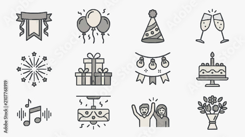 Schilderij op canvas Industrial Style Minimalist Black and White Line Icons Set Featuring Party Eleme