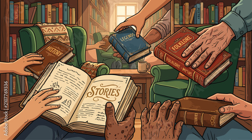 Obraz na płótnie Diverse Hands Sharing Books and Stories in Cozy Library, Education and Knowledge