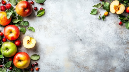 Red and green apples with leaves and berries on a textured surface