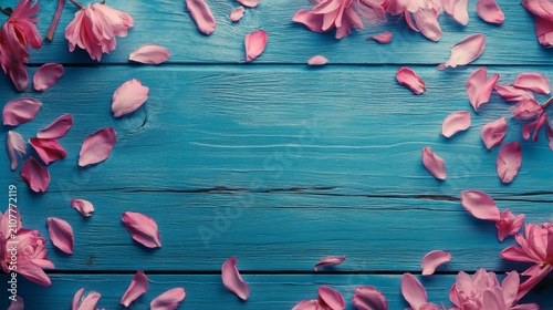 Pink blossoms frame turquoise wood