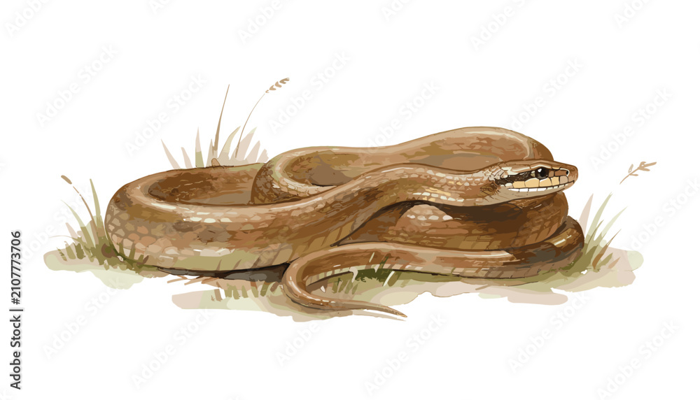 Fototapeta premium Coiled Brown Snake Illustration on White Background