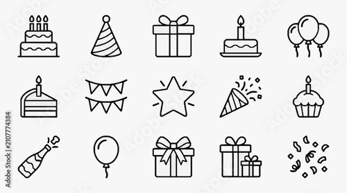 Elegant Black and White Line Art Celebration Icons Set Featuring Birthday Party Elements Gifts and Festive Decorations
