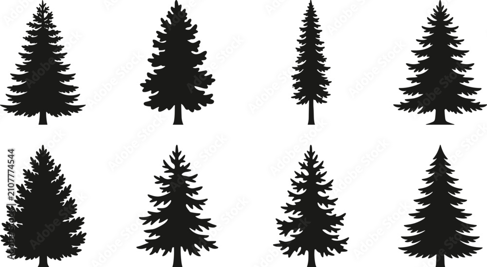 Fototapeta premium Evergreen Pine Tree Silhouette Collection Set Isolated on White Background with Conifer Forest Trees for Vector Landscape Design