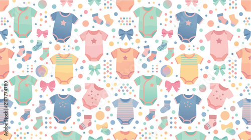 Seamless pattern with baby bodysuits and accessories.