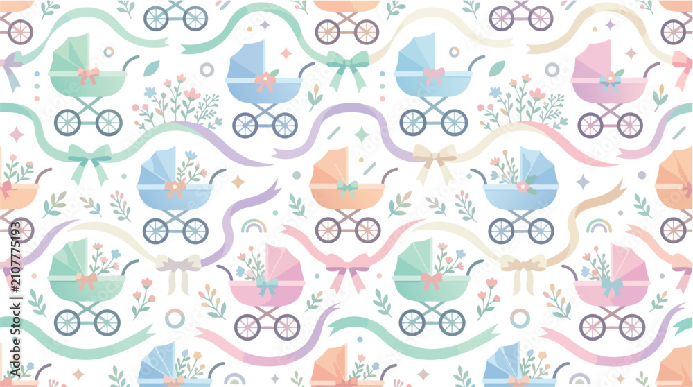 Naklejka premium Seamless Pattern of Cute Pastel Baby Carriages.
