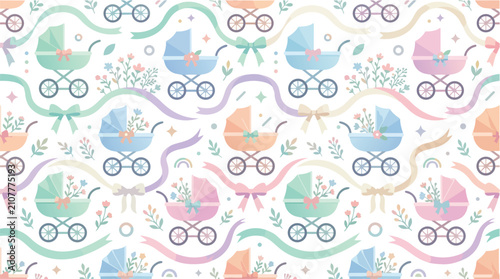 Seamless Pattern of Cute Pastel Baby Carriages.