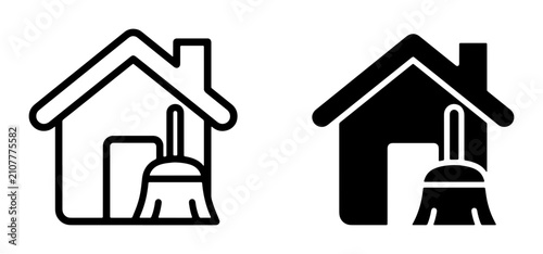 фотографія House Cleaning Icons: Simple Line Art and Solid Silhouette of Home with Broom, R