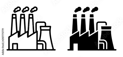 Industrial Factory Icons, Power Plant Symbols, Manufacturing Plant Graphics, Smokestack Vector Art, Pollution Emission Icons, Energy Production Graphics, Silhouette and Outline Styles