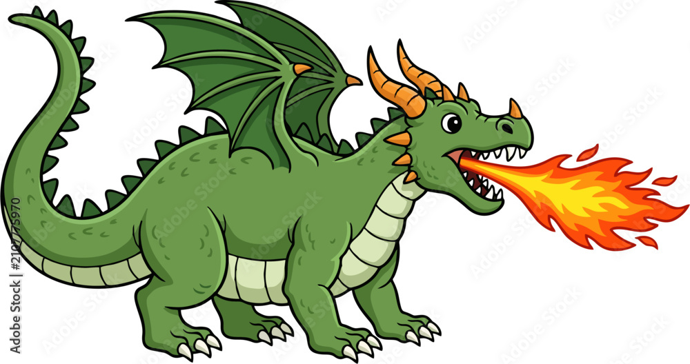 Naklejka premium Green Fire Breathing Dragon with Wings and Horns — Cartoon Fantasy Creature Vector Illustration