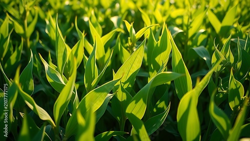 Close-up view of soybean plants with vibrant green leaves, bathed in morning sunlight.