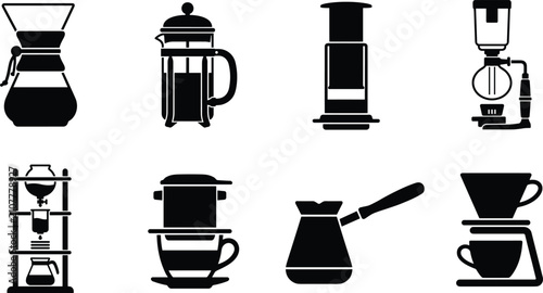 Fotografie Specialty Coffee Brewing Methods Vector Silhouette Icon Set Collection Isolated