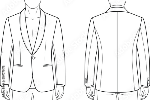Photos Men shawl collar blazer flat sketch technical drawing vector template with front