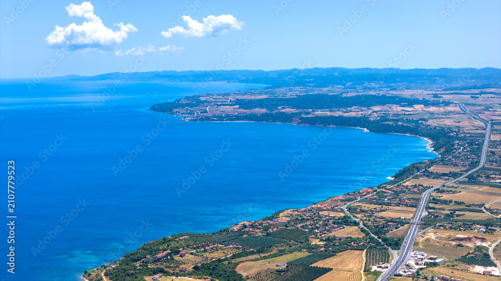 Fototapeta premium Aerial View of Kassandra Coastal Landscape and Road