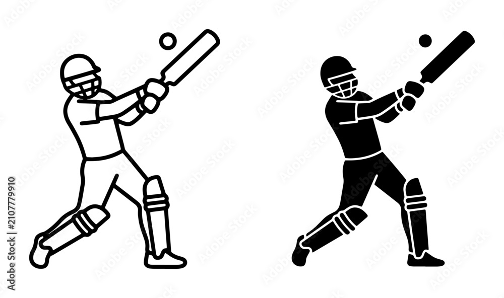 Obraz premium Cricket Player Silhouette and Outline Icons, Sports Action Vector Graphics, Batting Stance, Athletic Equipment, Professional Game Elements