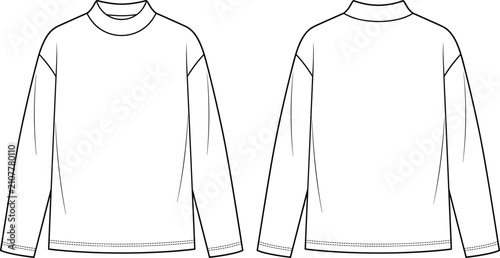 Foto Mock neck long sleeve shirt flat sketch technical drawing vector template with f
