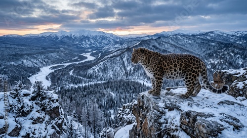 Amur leopard overlooking frozen valley from rocky cliff, expansive snowy forest stretching into the distance, dramatic winter landscape